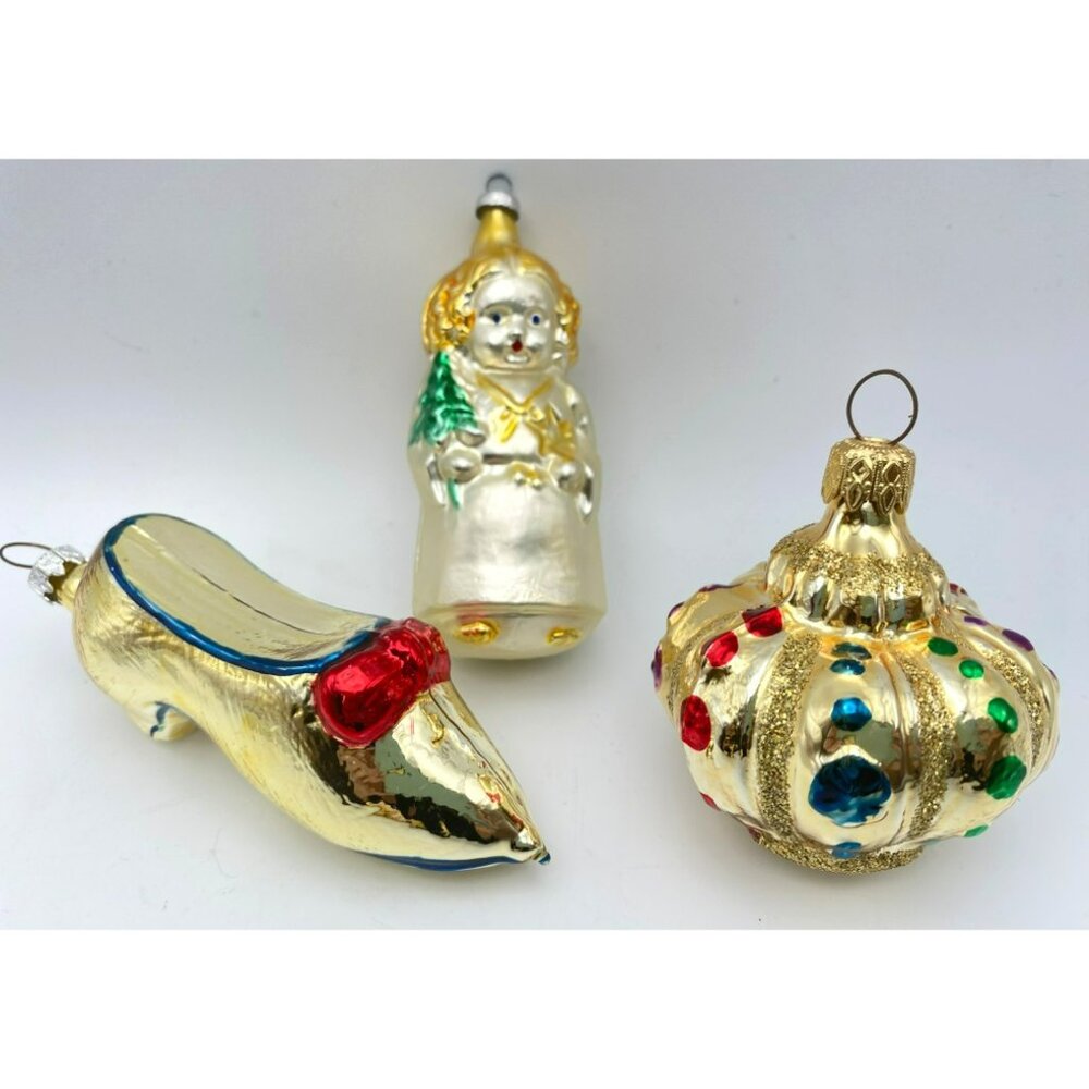 3 Mercury Glass Antique Ornaments Hand Blown West Germany Angel Crown Shoe